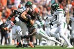 Harrison Bryant #88 of the Cleveland Browns is tackled by Lamarcus Joyner #29 of the New York Jets during a game at FirstEnergy Stadium in Cleveland, Ohio, on Sept. 18. 