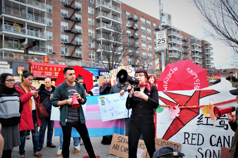 A rally for decriminalization of sex work in Flushing, Queens, May 2019, in response to a police crackdown on local massage parlors. In June 2019 a group of legislators introduced bills that would effectively decriminalize sex work in New York state.