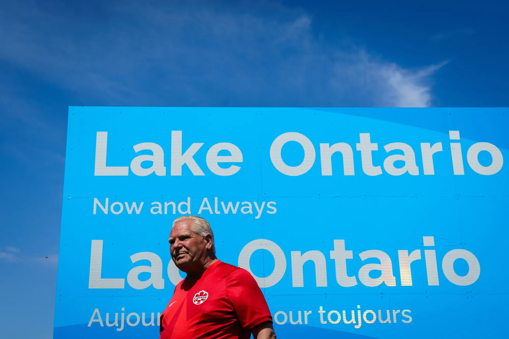 Ontario Premier Doug Ford unveils a sign for Lake Ontario at Fifty Point Conservation Area in Grimsby, Ontario, Canada, on Saturday.