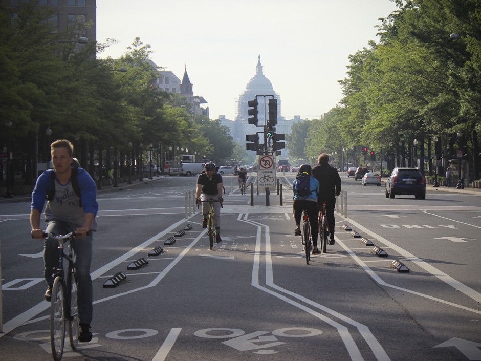 The center bike lanes  on Pennsylvania Avenue are a key spine of Washington's downtown network. 