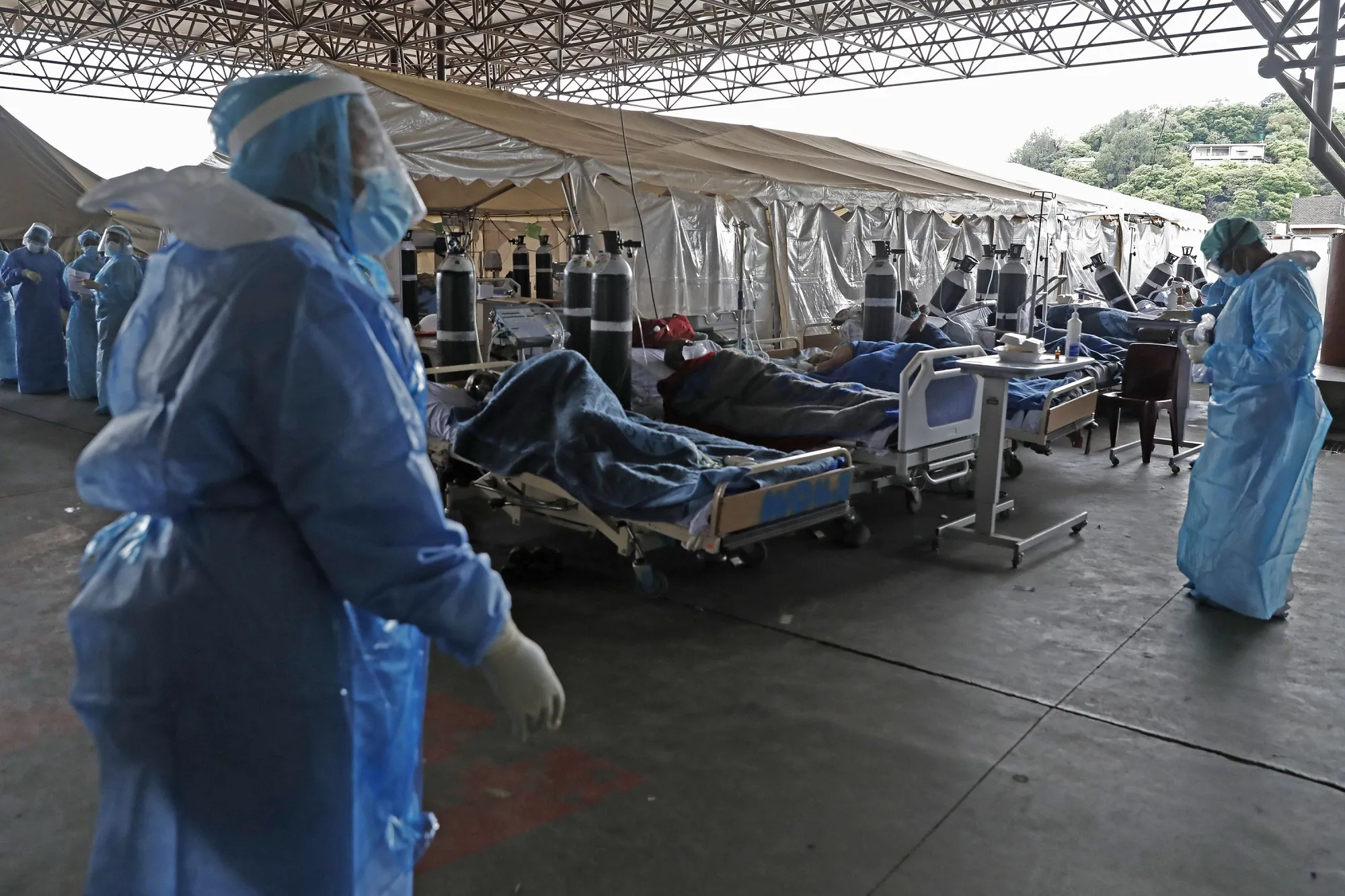 Healthcare workers work inside a temporary Covid-19 ward at a hospital in Pretoria.