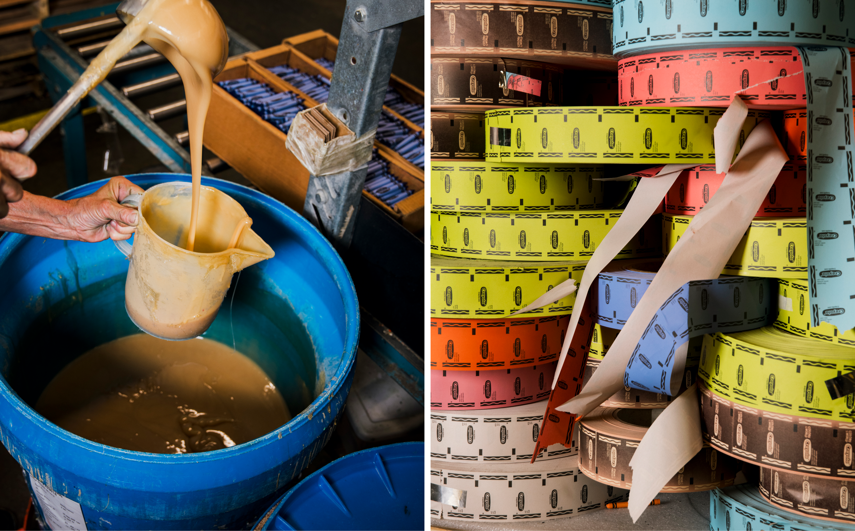 Liz Kimminour, a crayon operator, pours the water and cornstarch adhesive for the crayon labels.
