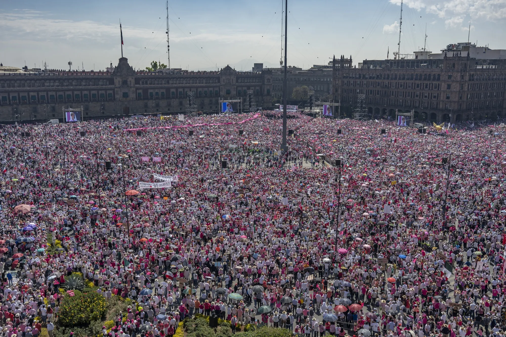 Demonstrators during a protest against proposed electoral changes at Zocalo Square in Mexico City, Mexico, on&nbsp;Feb. 26, 2023.&nbsp;