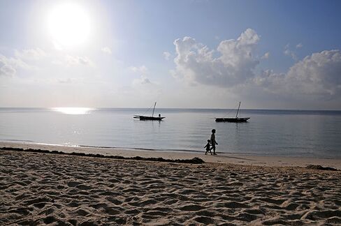 A nearly deserted beach in Mombasa, one of Kenya's coastal tourist hotspots.