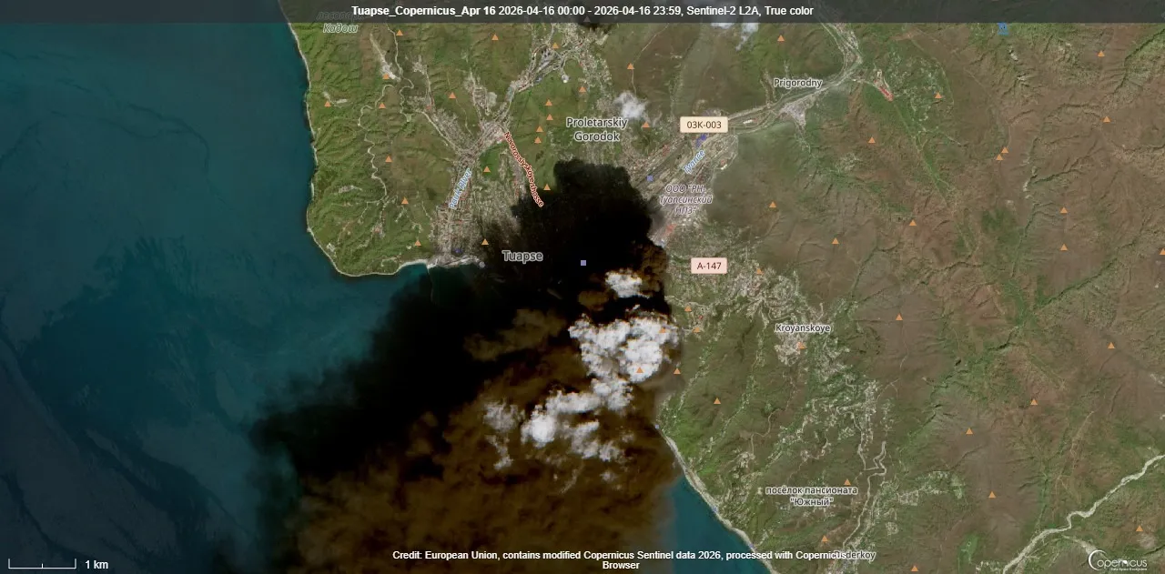An image taken by the Copernicus Sentinel satellite on April 16 shows smoke over the port city of Tuapse and the surrounding coastal area.