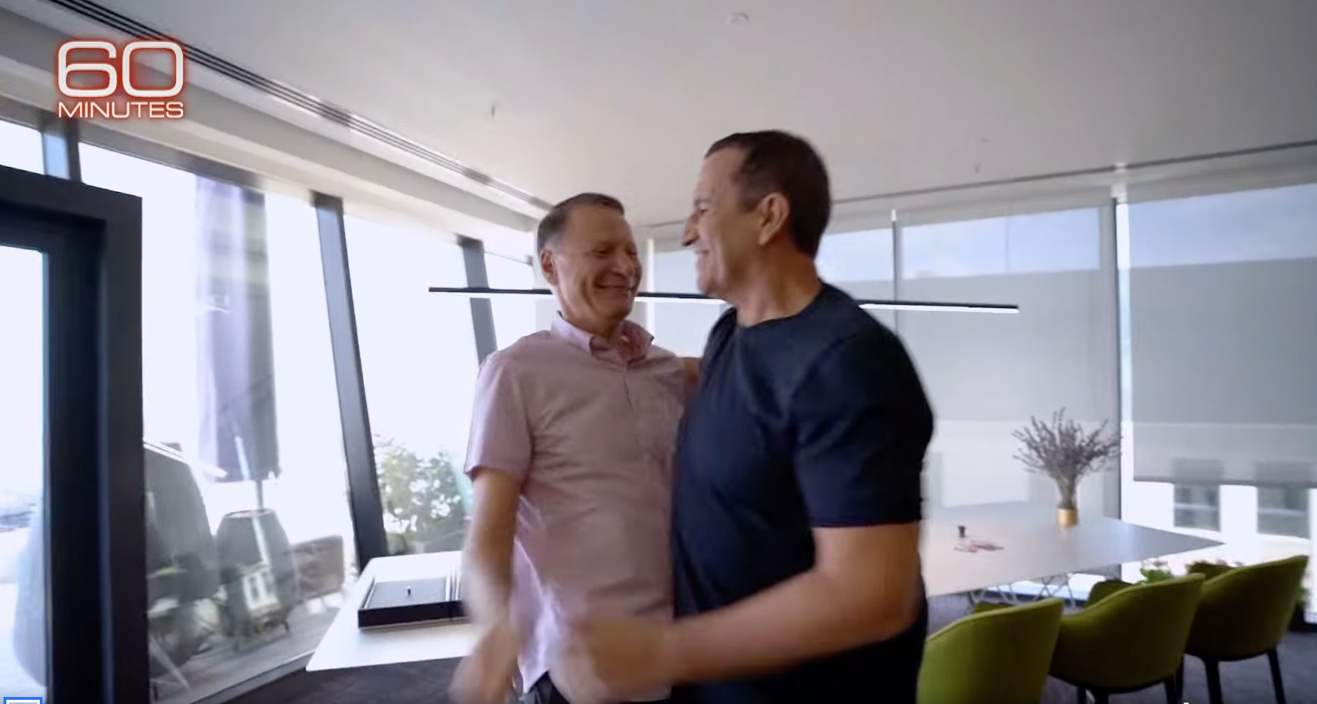 Masri and Waldman punctuated their vision of peace through prosperity with an on-camera embrace on 60 Minutes in 2019. Source: <em>60 Minutes</em>