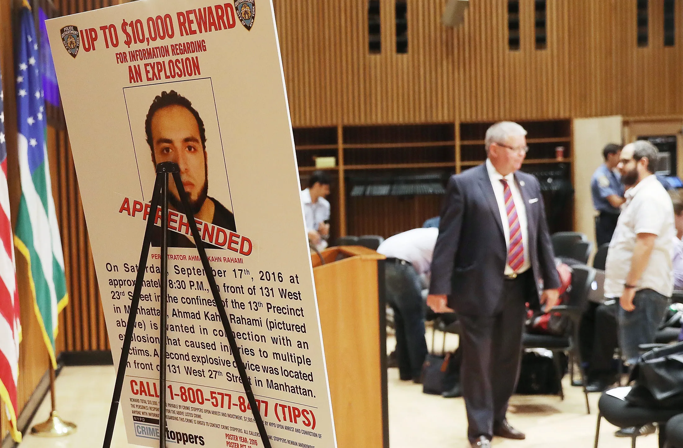A picture of Ahmad Khan Rahami, the man believed to be responsible for the explosion in Manhattan on Saturday night and an earlier bombing in New Jersey, is displayed at a news conference at New York City police headquarters on Sept. 19, 2016 in New York City.
