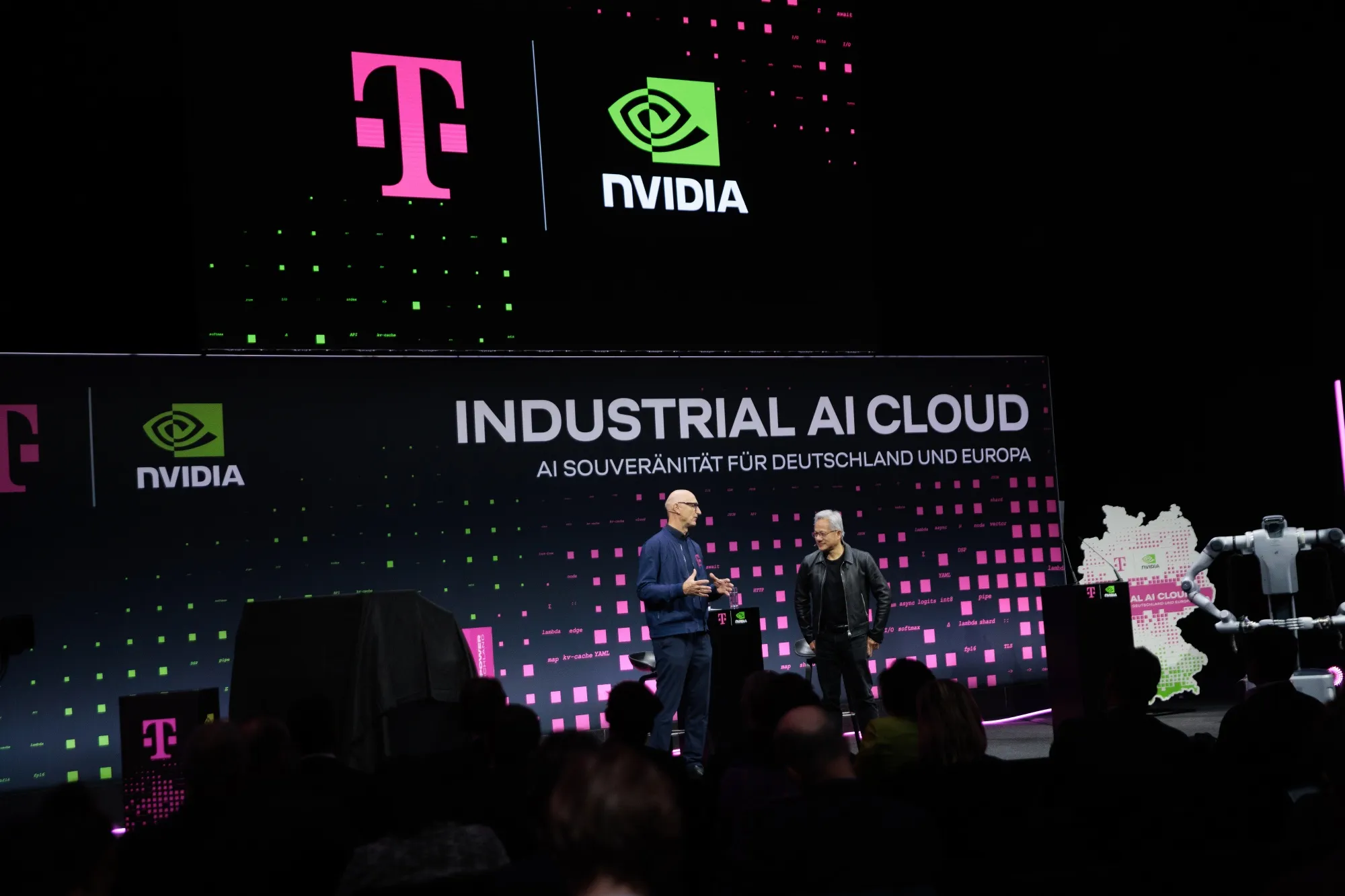 Tim Höttges and Jensen Huang at the presentation of a new AI data center by Deutsche Telekom and Nvidia, in Berlin, on Nov. 4.