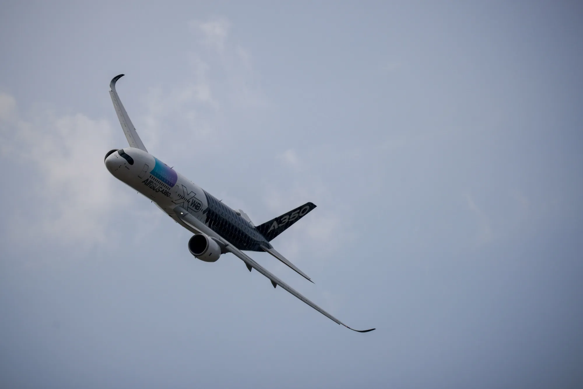 An Airbus A350 aircraft during an aerial display on the opening day of the Farnborough International Airshow on July 18, 2022.&nbsp;
