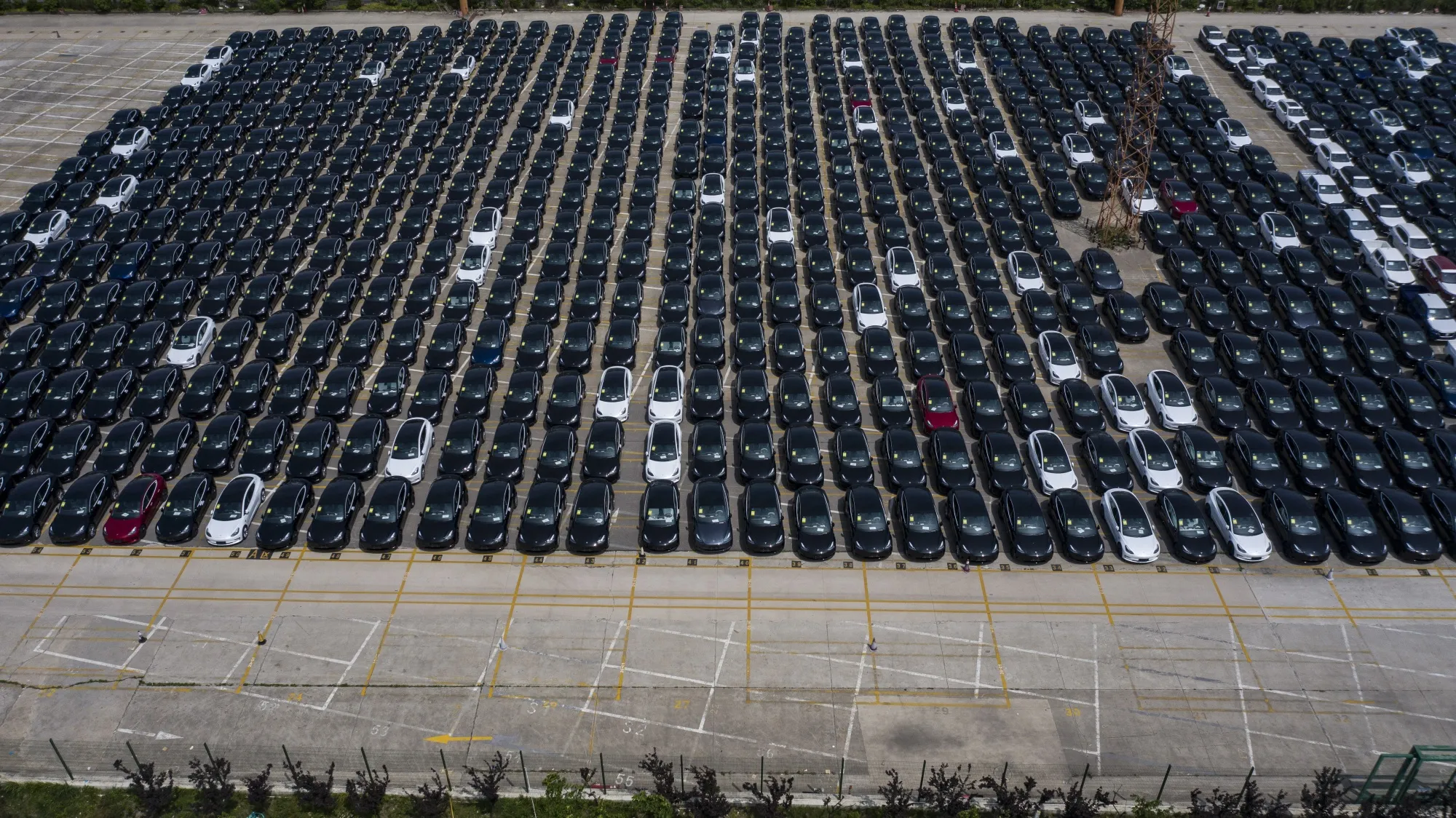 Tesla vehicles awaiting transport&nbsp;in Shanghai.