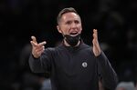 Brooklyn Nets head coach Steve Nash reacts to a call during the second half of an NBA basketball game against the Toronto Raptors on Tuesday, Dec. 14, 2021, in New York. The Nets won 131-129 in overtime. (AP Photo/Adam Hunger)