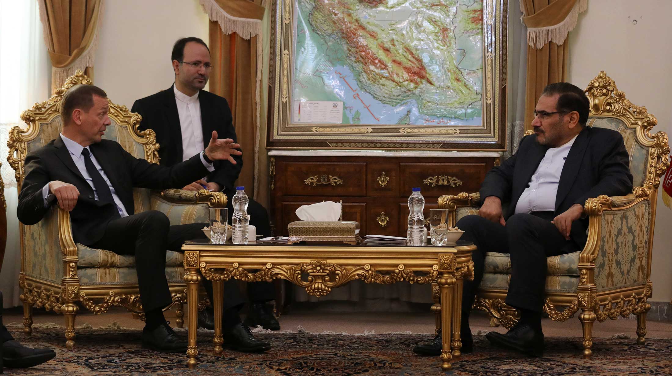 Emmanuel Bonne, left, meeting with Ali Shamkhani, secretary of Iran’s security council.