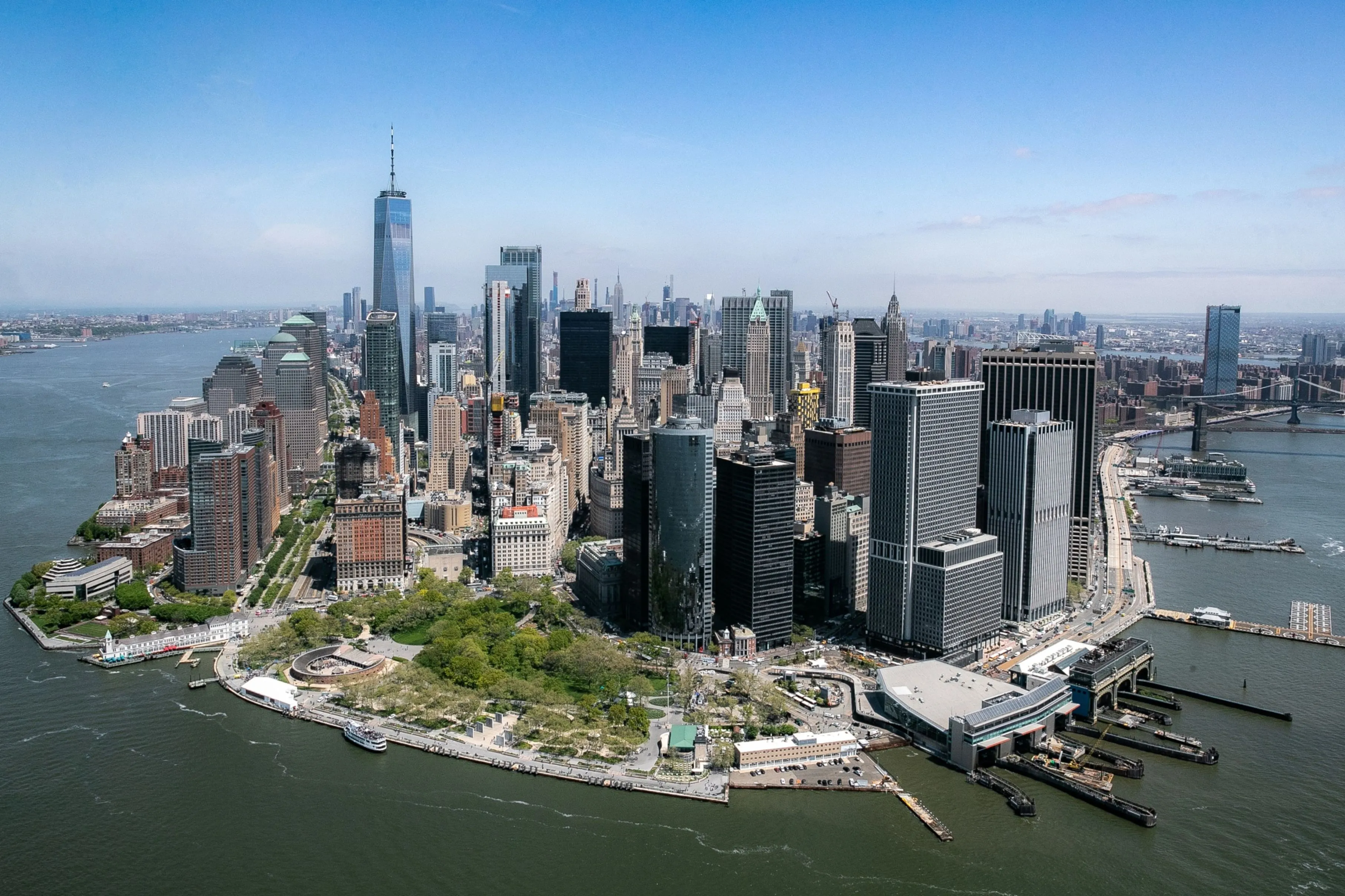 The lower Manhattan skyline is seen on a helicopter ride above the Financial District of New York, U.S., on Tuesday, May 7, 2019.&nbsp;