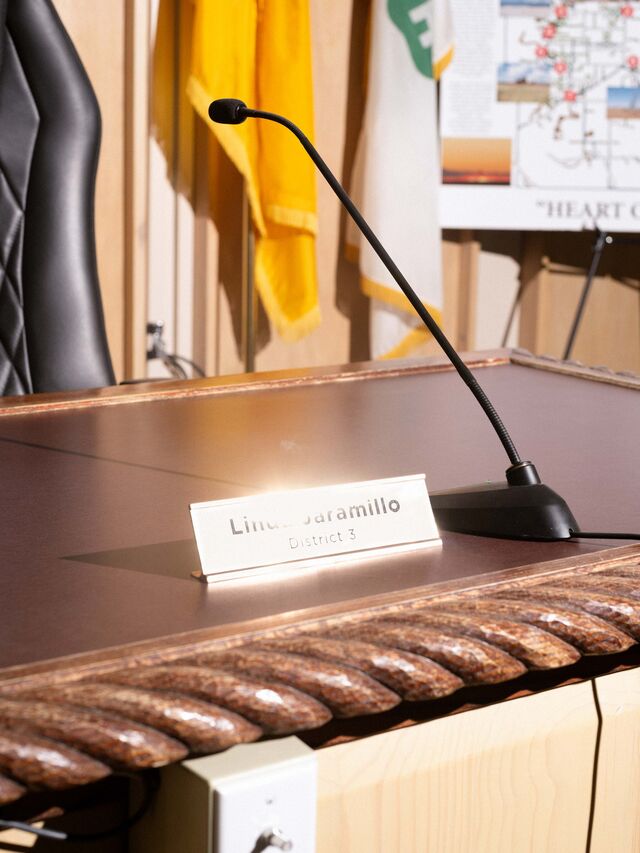 Linda Jaramillo nameplate on desk