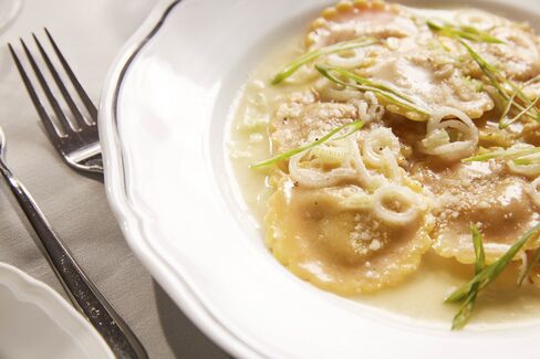 The restaurant makes all its pasta in-house, including this ravioli all'Amatriciana, which is filled with guanciale, red onion, and tomato.