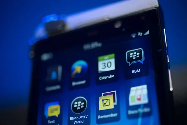 The new BlackBerry 10 is displayed during the device's launch in New York on Wednesday, Jan. 30