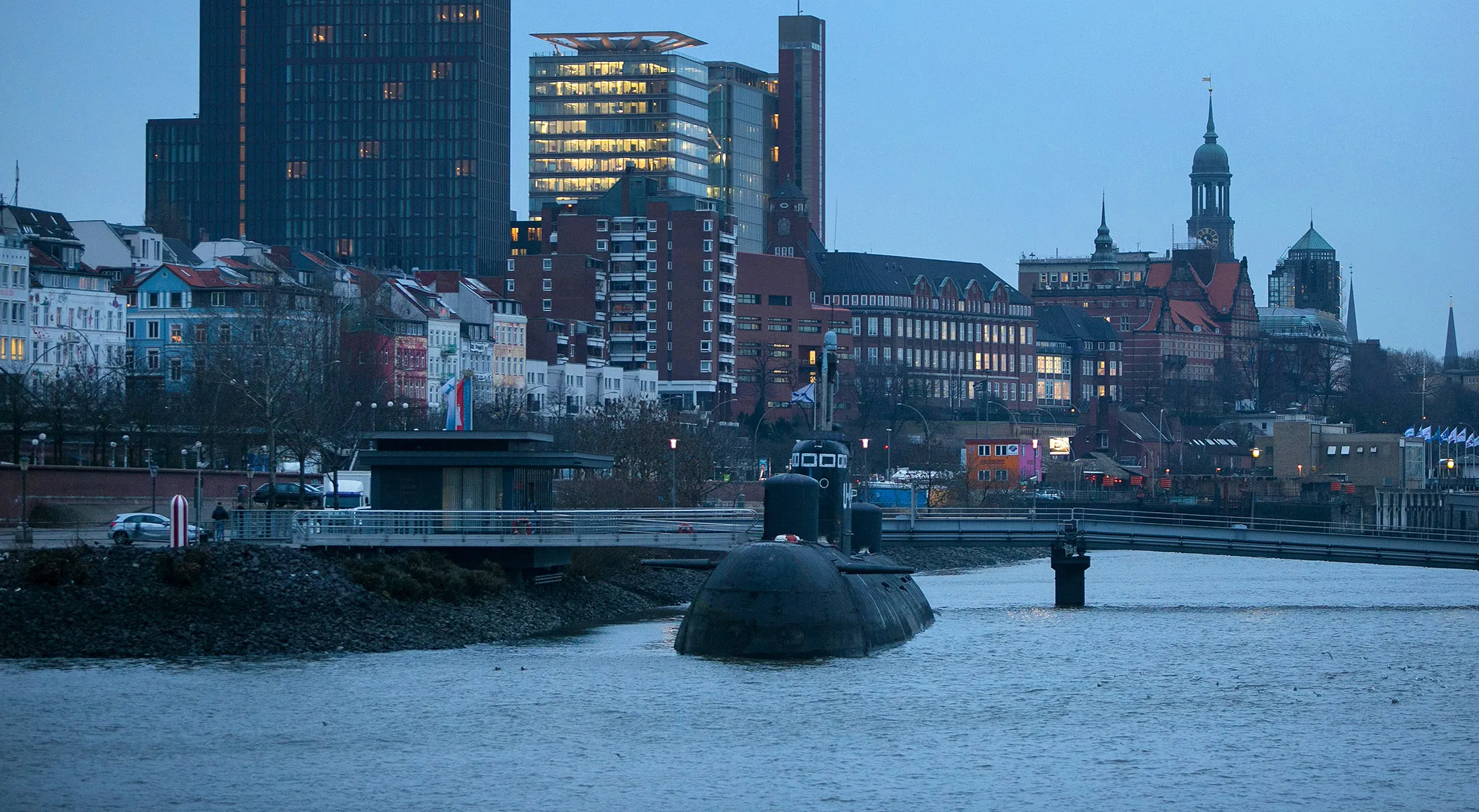 A Soviet-era submarine tourist attraction sits moored at Hamburg port in Hamburg, Germany.
