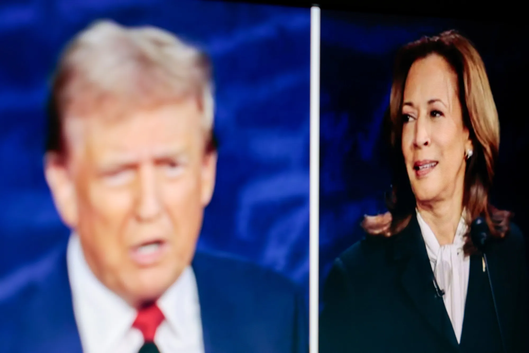 Former US President Donald Trump and US Vice President Kamala Harris&nbsp;on screen&nbsp;during the second presidential debate.