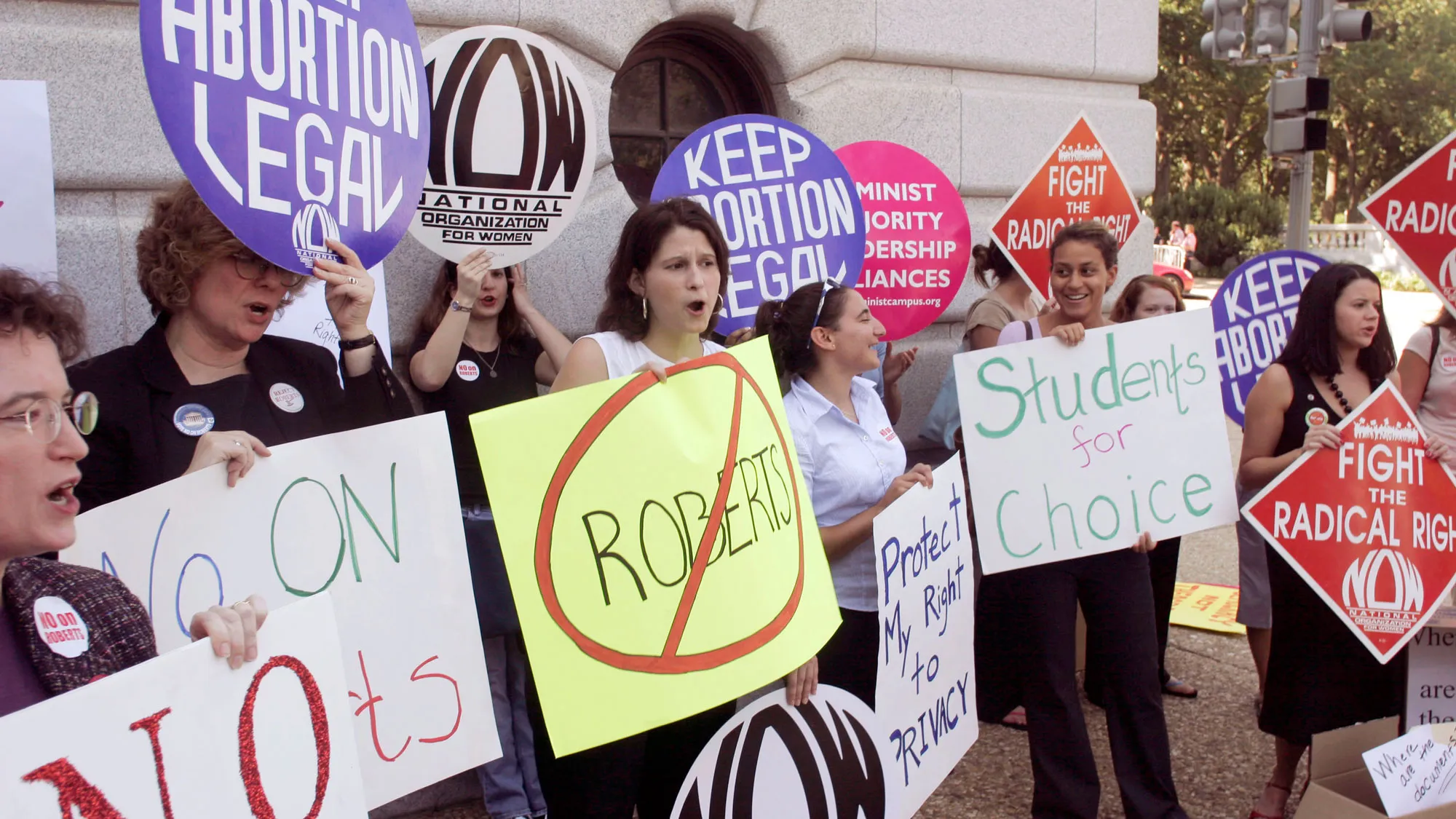 Student protesters demonstrate against the appointment of Judge John Roberts to the U.S. Supreme Court, Monday, September 12, 2005, outside the Senate Russell Office Building in Washington D.C.

