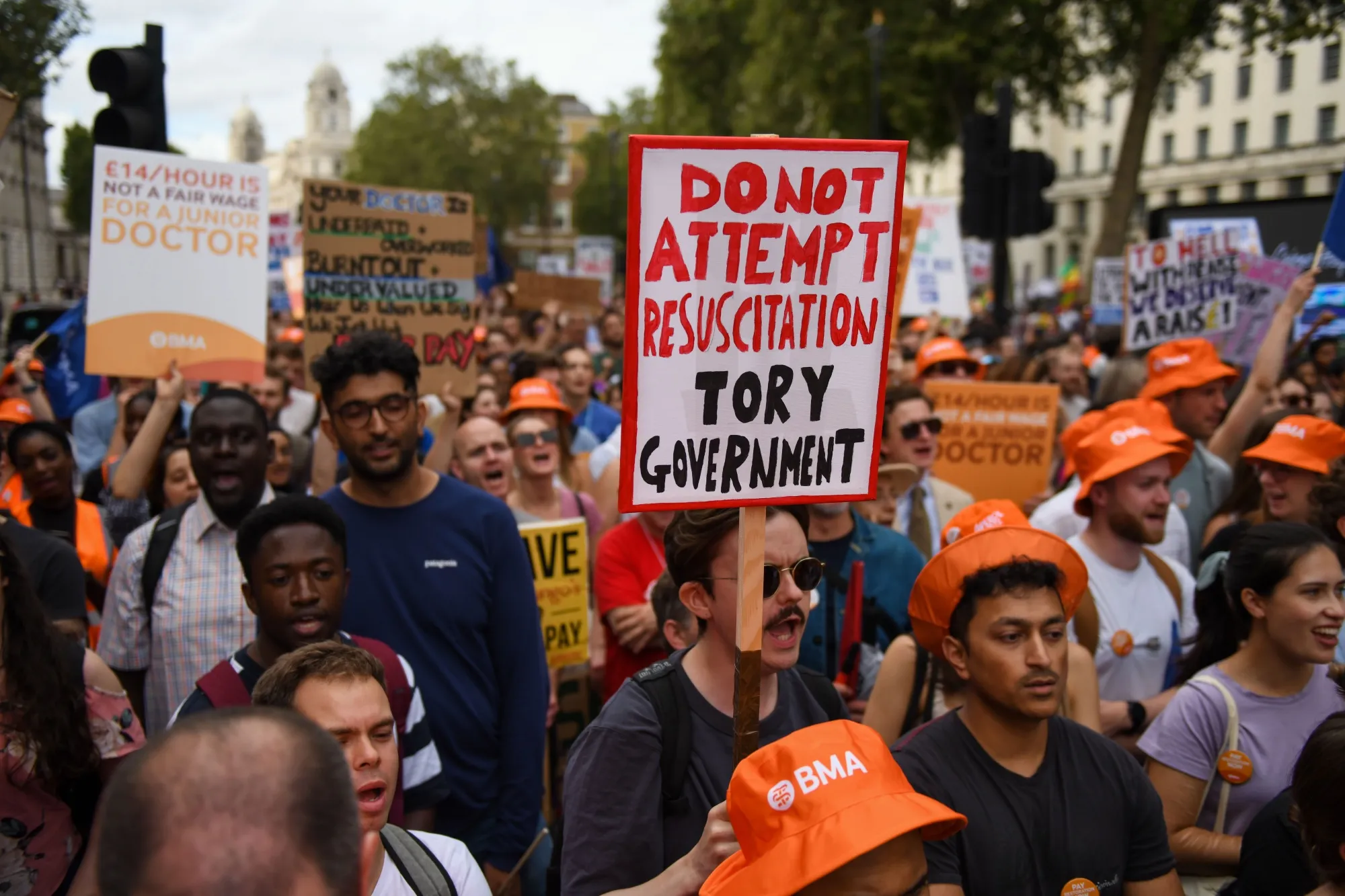 Striking junior doctors rally&nbsp;&nbsp;in London on&nbsp; Aug. 11.