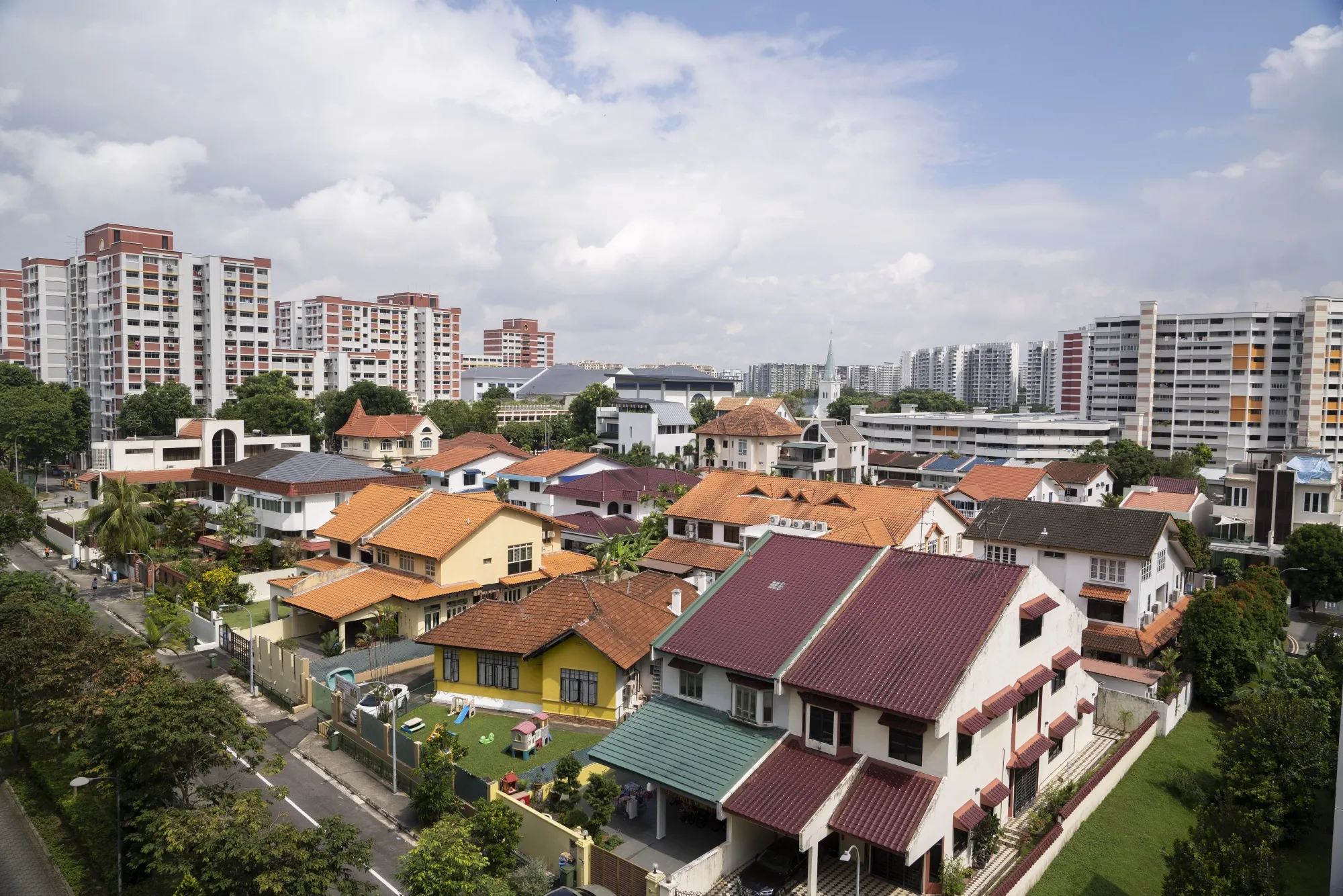 Private residential houses and Housing &amp; Development Board public housing estates in&nbsp;Singapore.