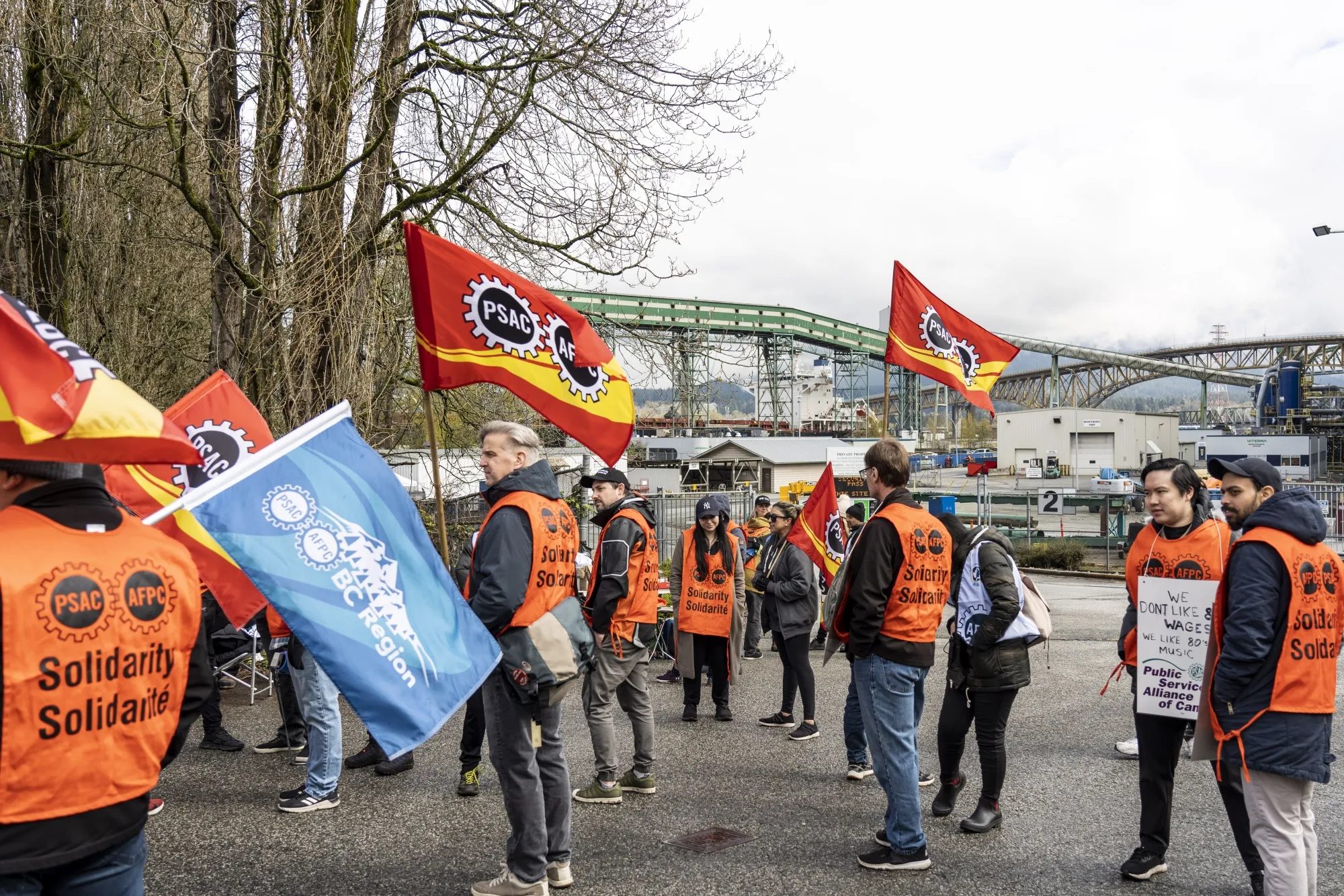 Demonstrators picket outside the Viterra Cascadia Terminal.
