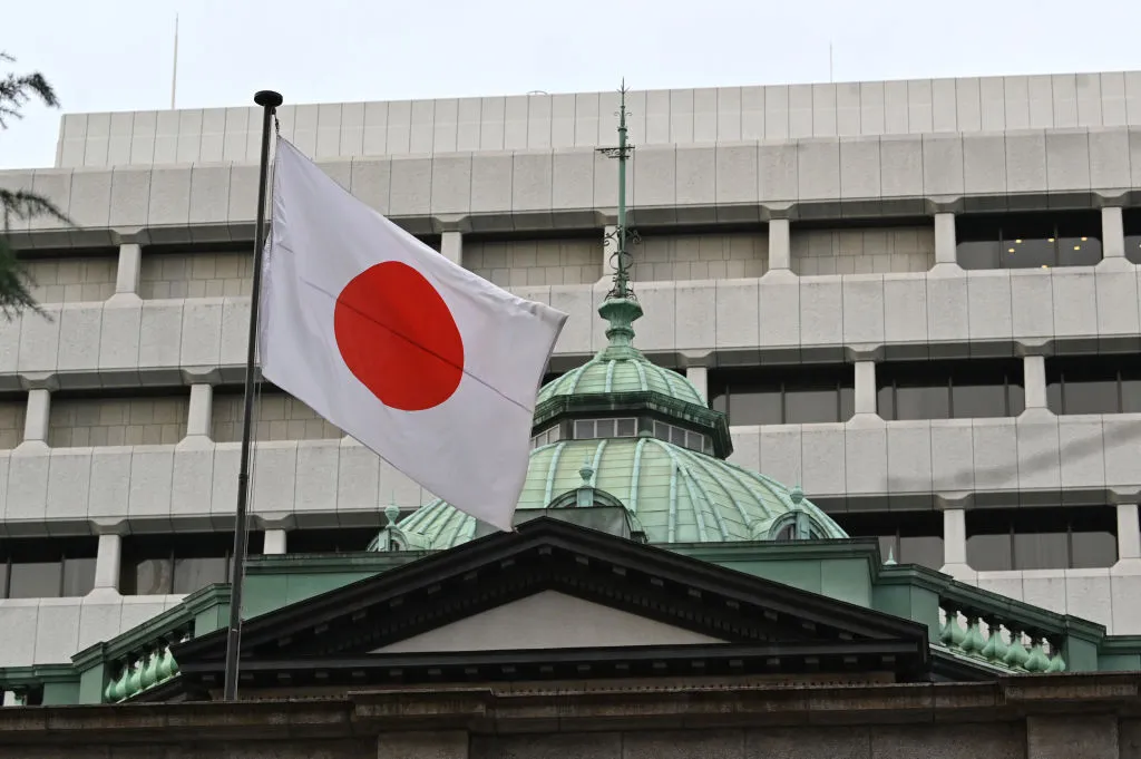 The Japanese national flag flutters at the Bank of Japan headquarters in Tokyo on Dec.&nbsp;19, 2023.