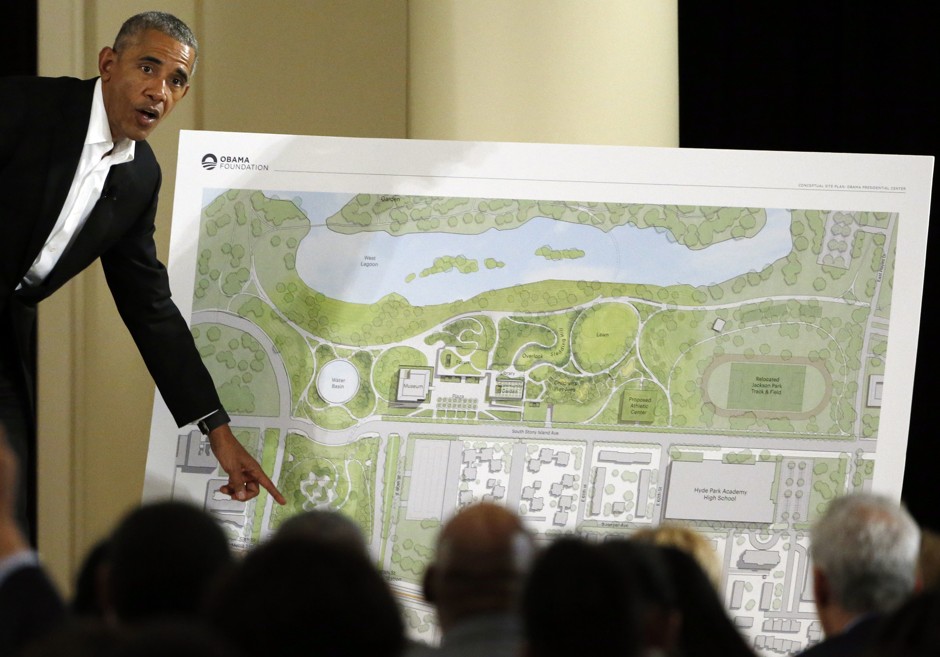 Former President Barack Obama unveils details of his Presidential Center at the South Shore Cultural Center on May 3.