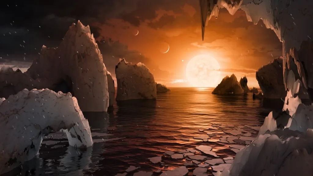 This artist's conception shows what the Trappist-1 planetary system may look like, based on available data about their diameters, masses, and distances from the host star.
