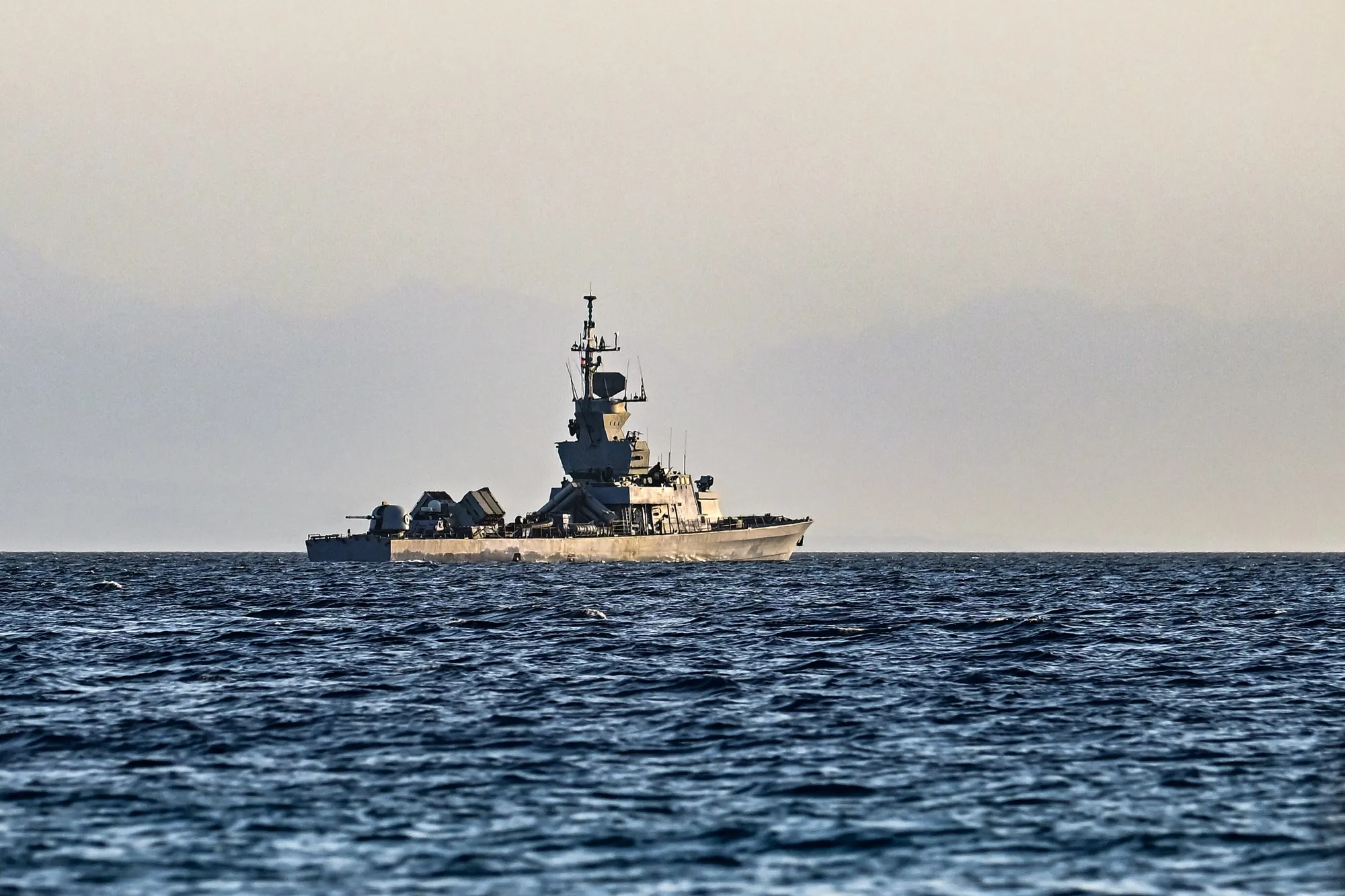 An Israeli navy missile boat patrols in the Red Sea off the coast of Israel's southern port city of Eliat on December 26, 2023.&nbsp;