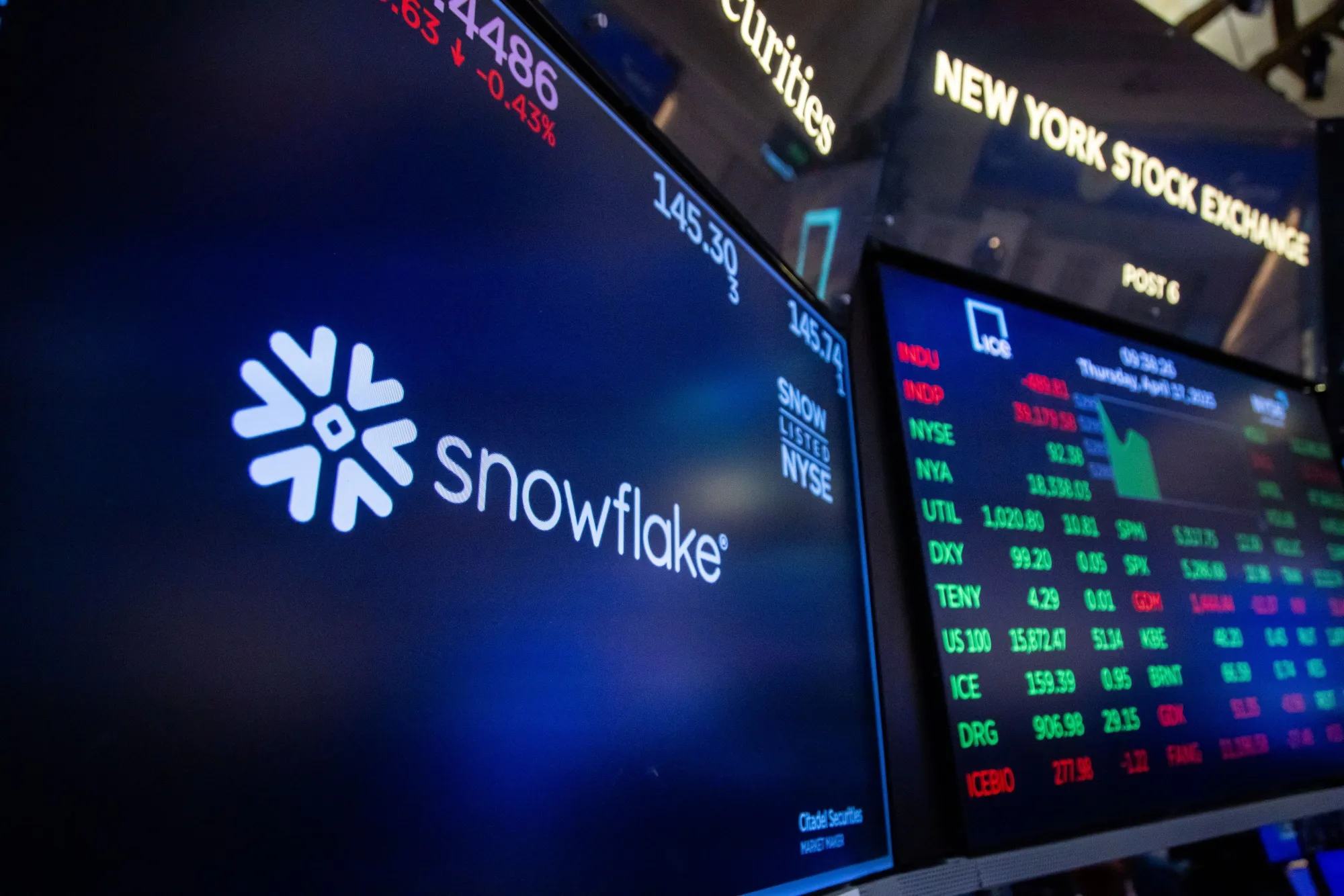 Snowflake Inc. signage on the floor of the New York Stock Exchange on April 17, 2025.&nbsp;