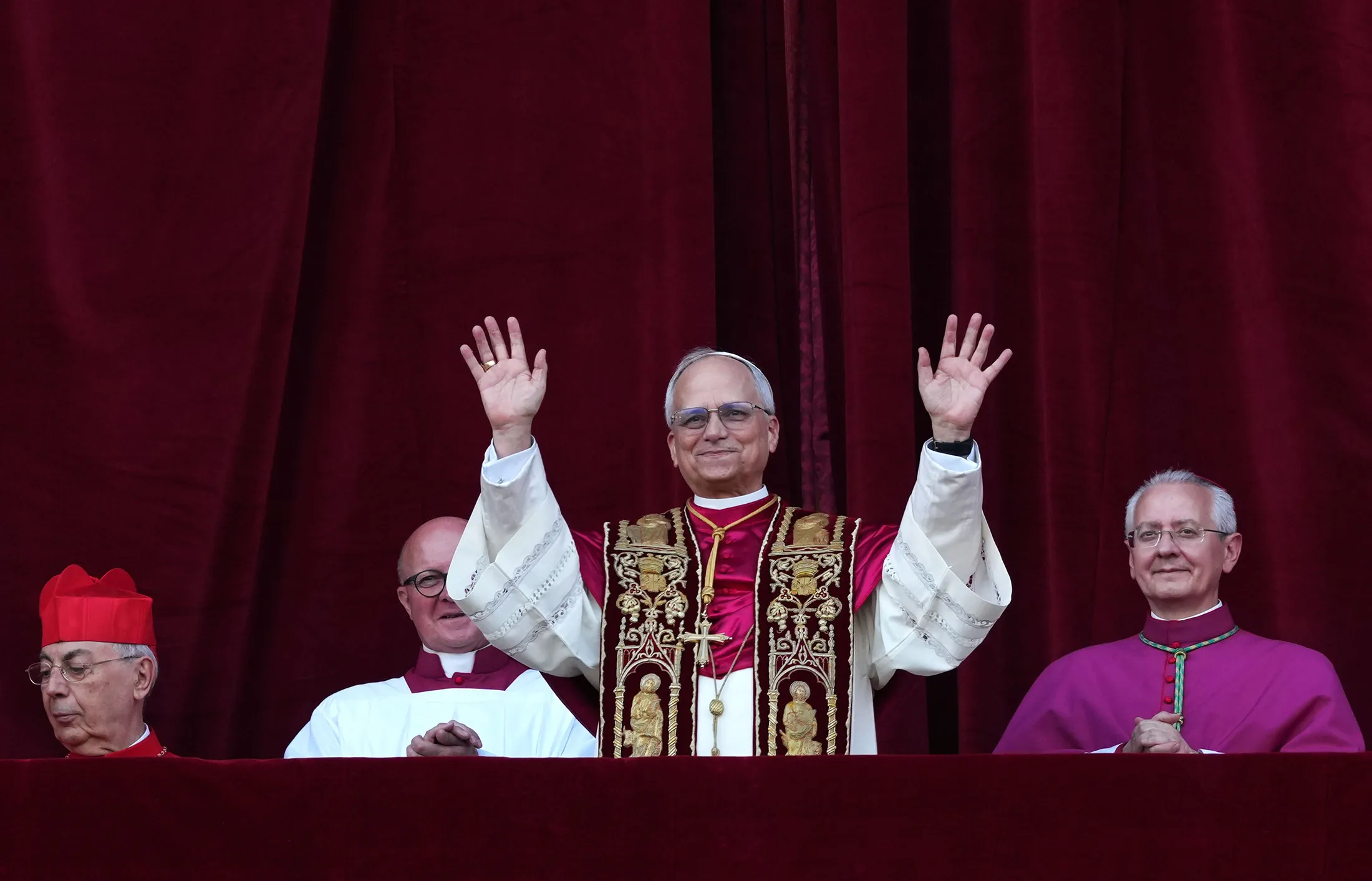 Newly elected Pope Leo XIV appears at the balcony of St. Peter’s Basilica at the Vatican&nbsp;on May 8.