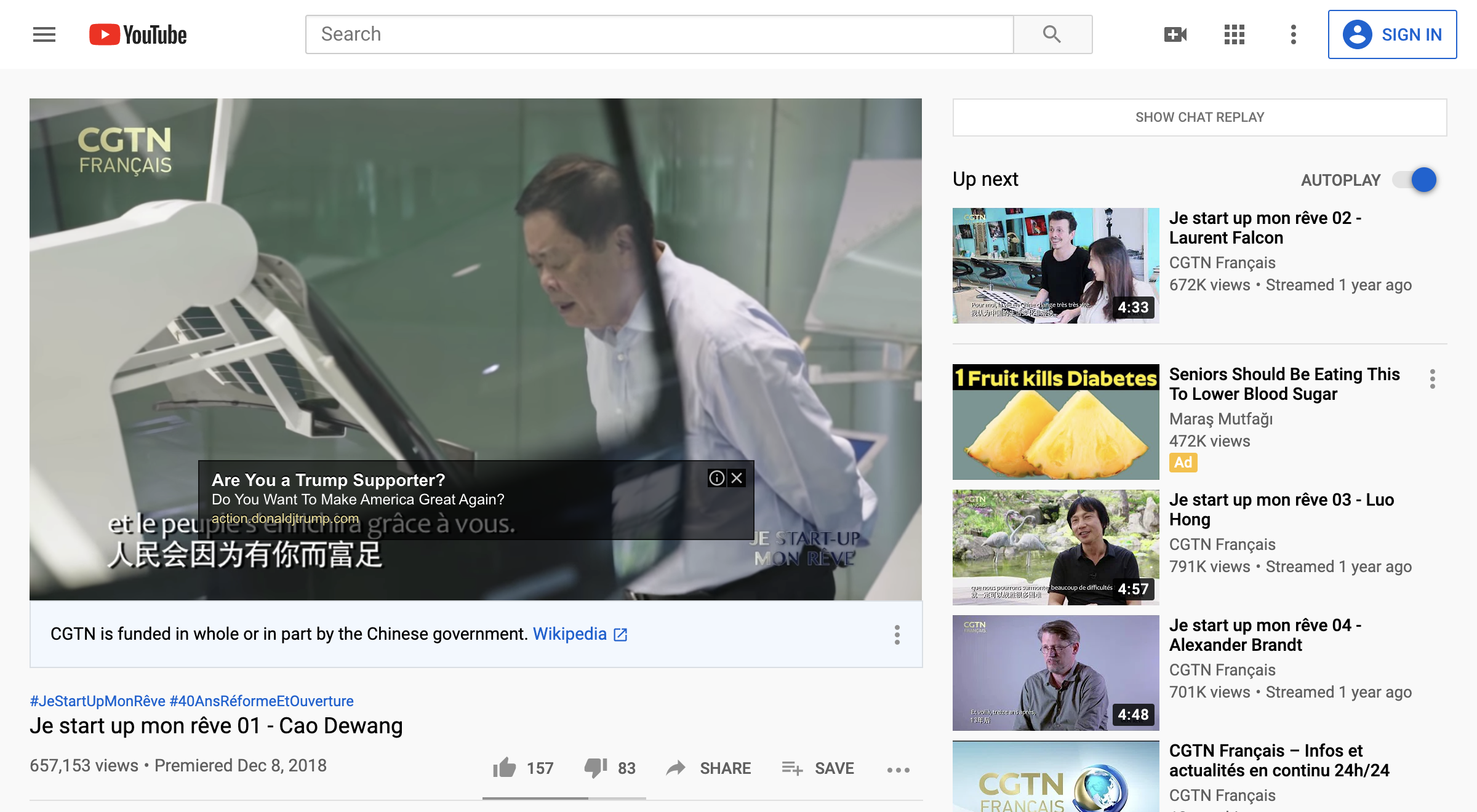 concerne les annonces de campagne de Trump diffusées sur la chaîne YouTube des médias d'État chinois
