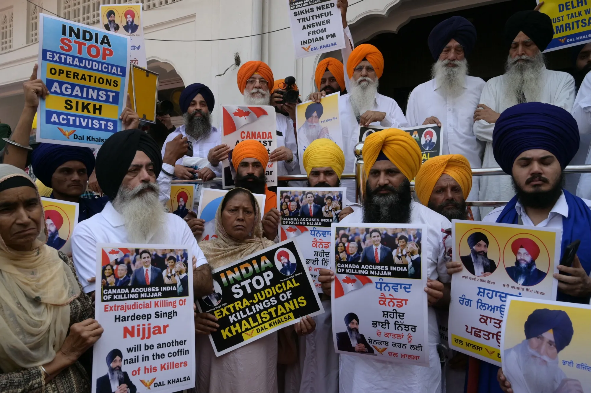 Activists of a pro-Khalistan group&nbsp;stage a demonstration demanding justice for Sikh separatist Hardeep Singh Nijjar in Amritsar, India&nbsp;on Sept. 29.