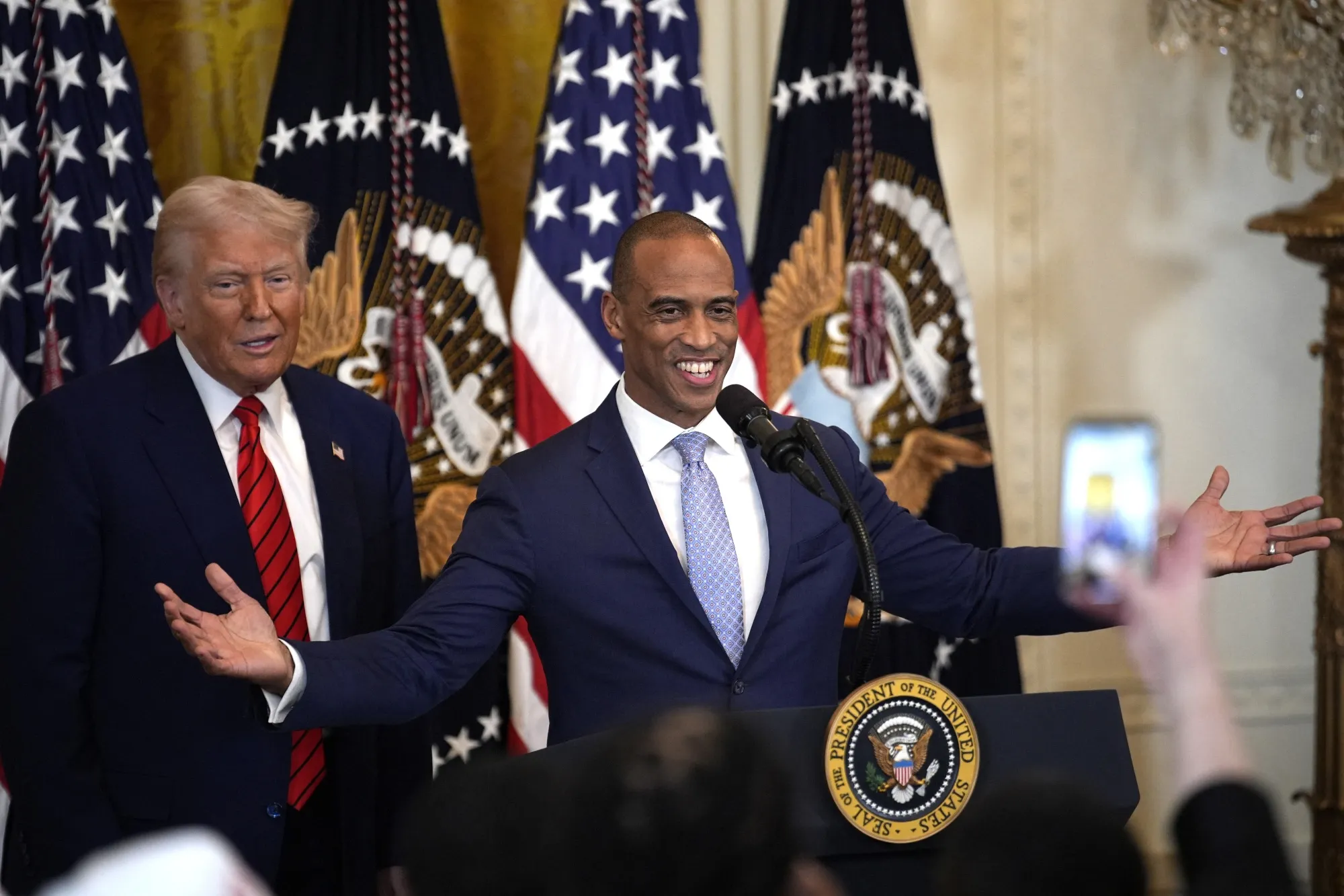 
Turner shortly after his confirmation, appearing with Trump at a White House reception honoring Black History Month.
