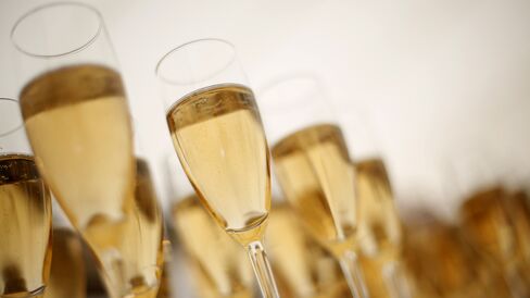 View of champagne glasses at a beach bar set up along the Croisette during the 66th edition of the Cannes Film Festival in Cannes on May 17, 2013.