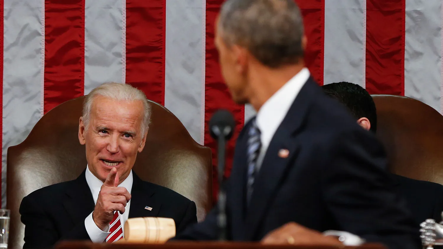 Vice President Joe Biden points at President Barack Obama during the State of the Union address in Washington on Jan. 12, 2016.
