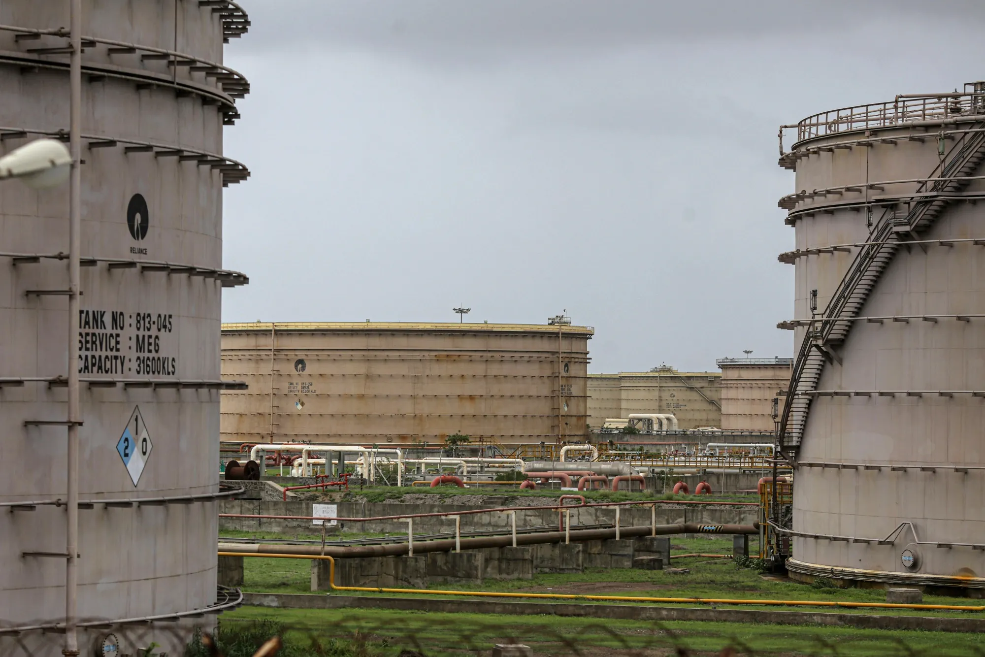 Storage tanks at the oil refinery in Jamnagar, India.