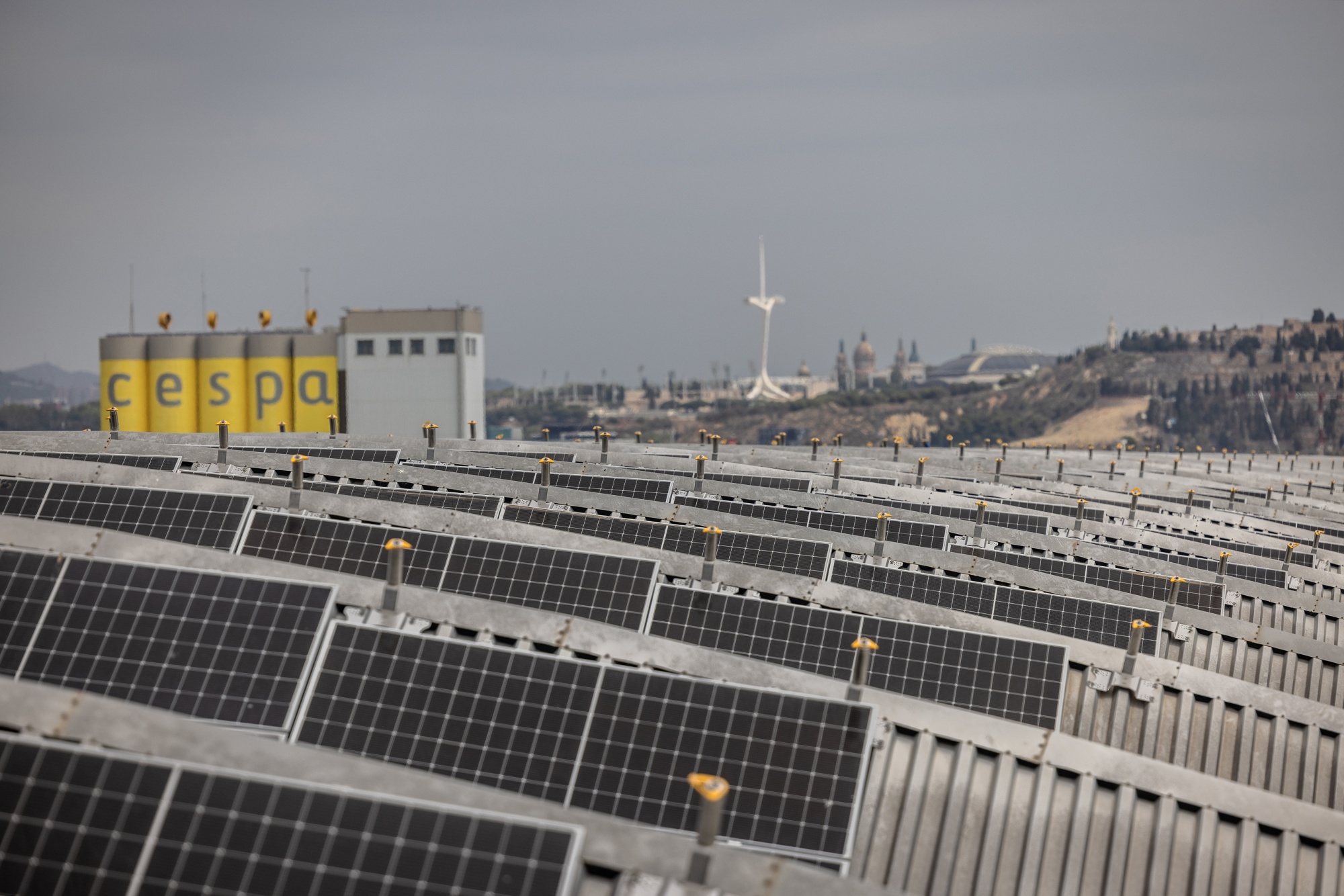 Solar panels on the roof of a Barcelona Metro workshop building, the Generalitat of Catalonia's largest solar power project, in the Zona Franca industrial area of Barcelona, Spain, on Friday, July 21, 2023. Spain is on track to become the first country among Europe's big five economies to generate more than 50% of its electricity from renewable sources, according to a forecast by Rystad Energy. Photographer: Angel Garcia/Bloomberg