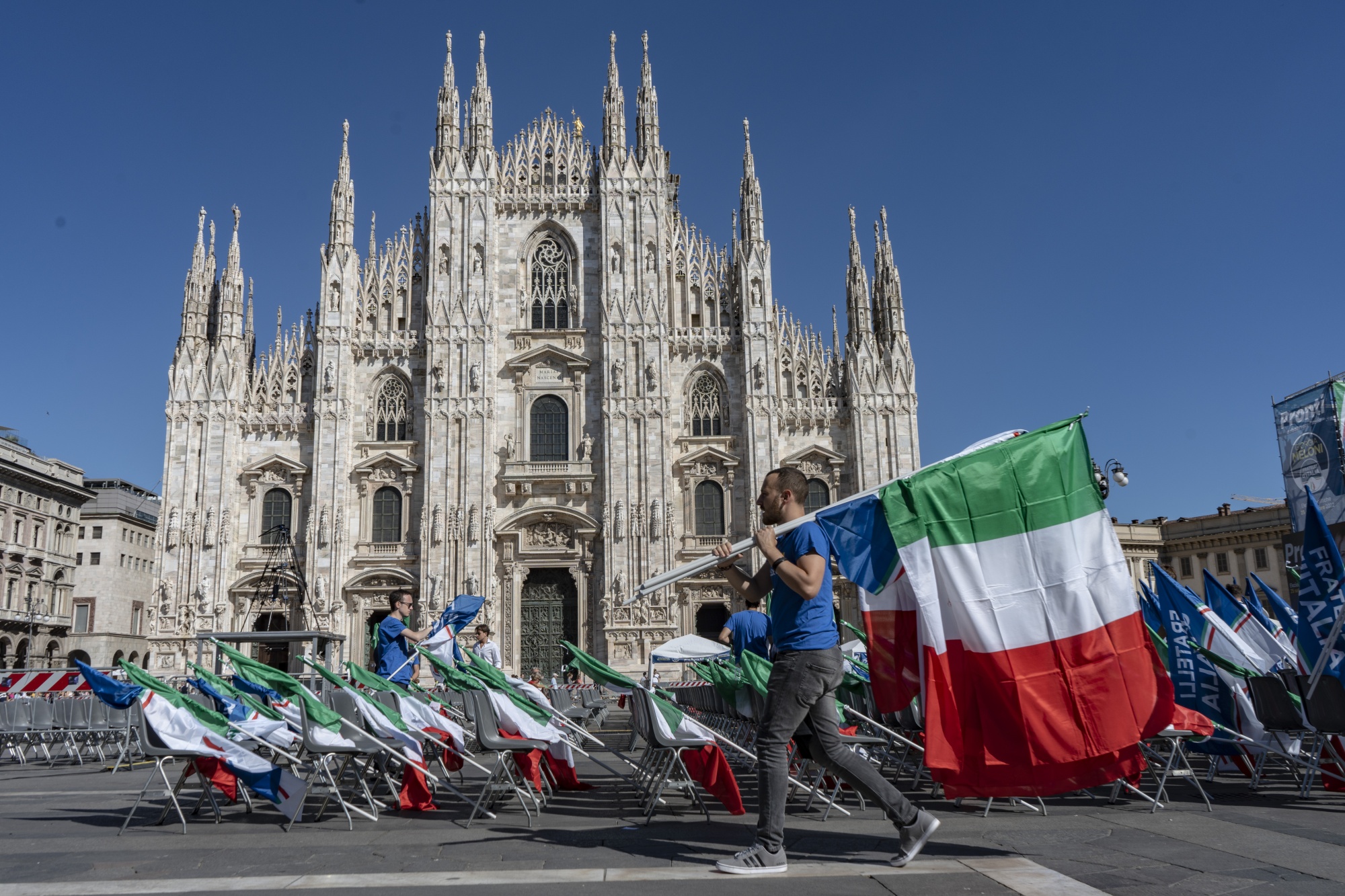 Attendees at a Brothers of Italy election campaign event in Duomo square in Milan, Italy, on Sept. 11.&nbsp;A right-wing coalition is widely expected to win Italy’s election on Sunday.