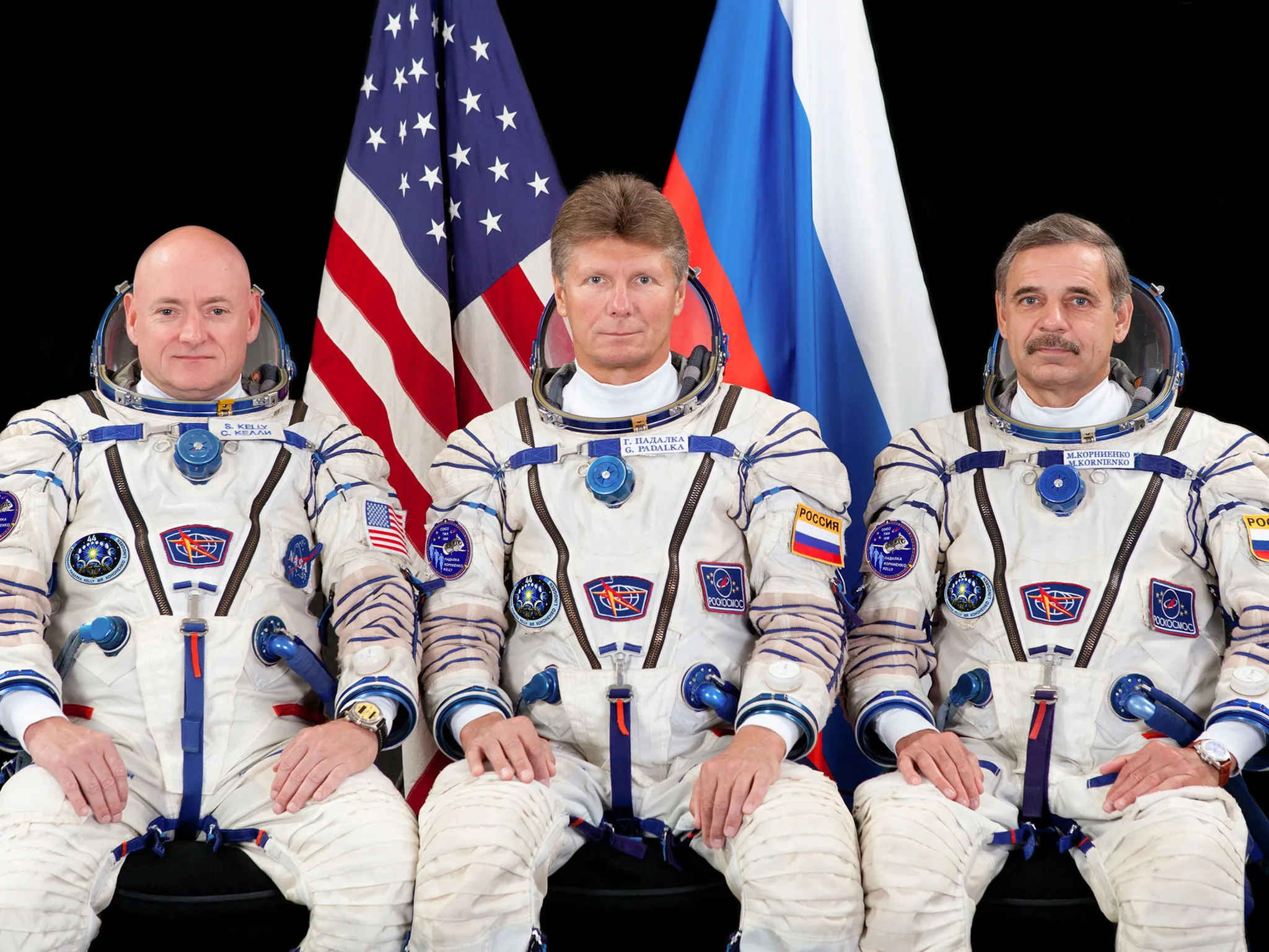 The prime crew members for International Space Station Expedition 43 take a break in training for a crew portrait. From the left are Flight Engineers Scott Kelly of NASA, Gennady Padalka and Mikhail Kornienko of Russia's Federal Space Agency. Kelly and Kornienko will be spending an entire year in space on board the space station.
