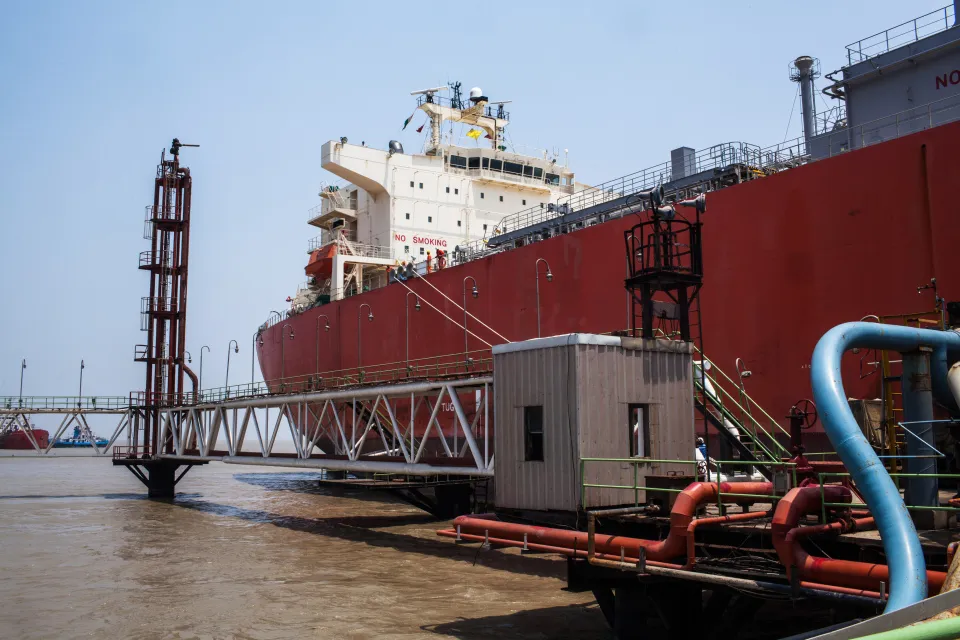 An LNG tanker docks at the Haldia Dock Complex in Haldia, West Bengal.