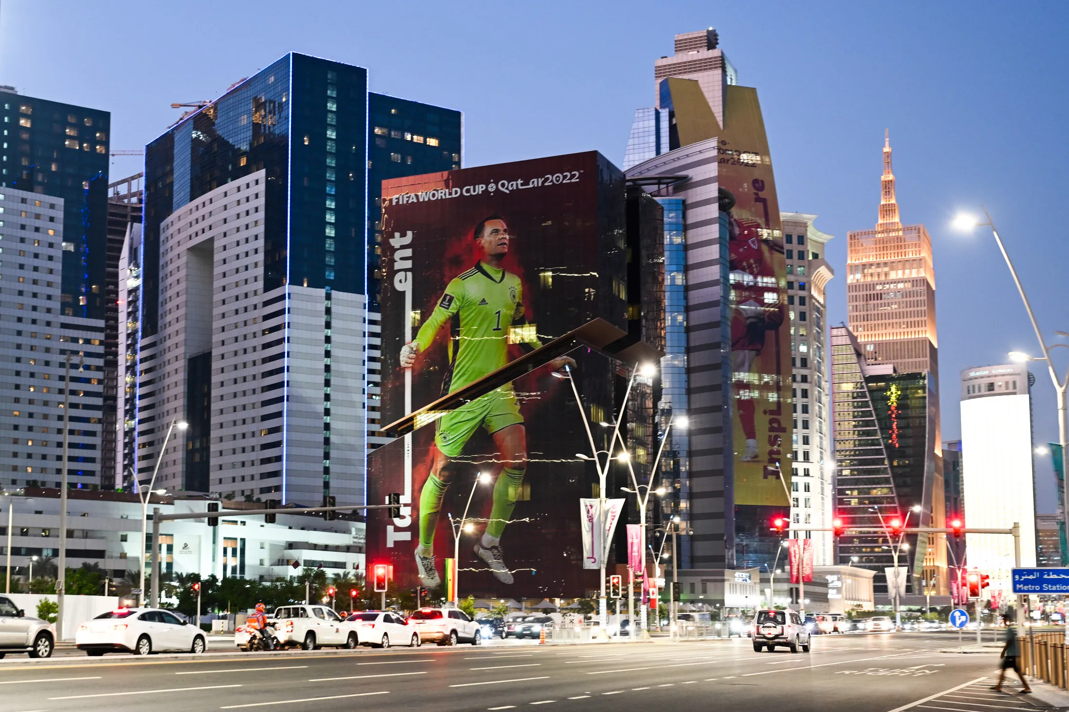 A poster of Germany’s goalkeeper, Manuel Neuer, dominates a building in West Bay, Doha