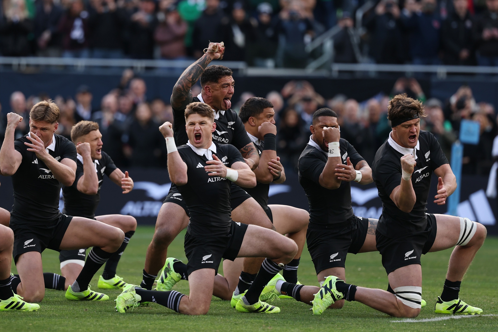 CHICAGO, ILLINOIS - NOVEMBER 01: The All Blacks perform a Haka prior to the The Gallagher Cup: The Rematch against Ireland at Soldier Field on November 01, 2025 in Chicago, Illinois. (Photo by Michael Reaves/Getty Images) Photographer: Michael Reaves/Getty Images North America