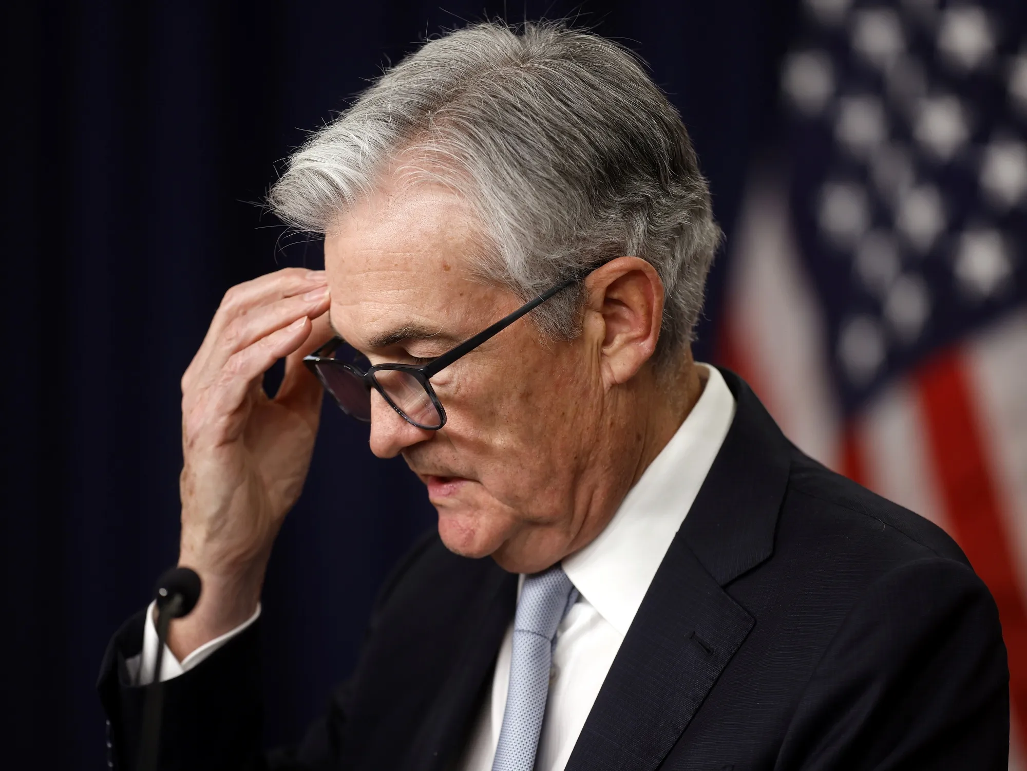 US Federal Reserve Chair Jerome Powell delivers opening remarks during a news conference following a meeting of the Federal Open Market Committee at the central bank’s headquarters on Nov. 2. Minutes from that meeting show the Fed is likely to reduce the size of upcoming rate hikes.