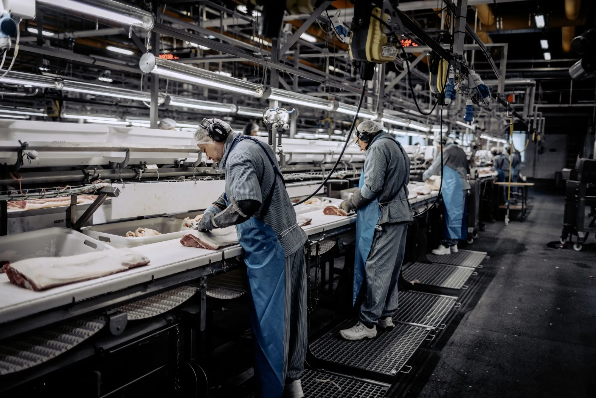 The bacon production line at an abattoir of Danish Crown A/S in Blans, Denmark.