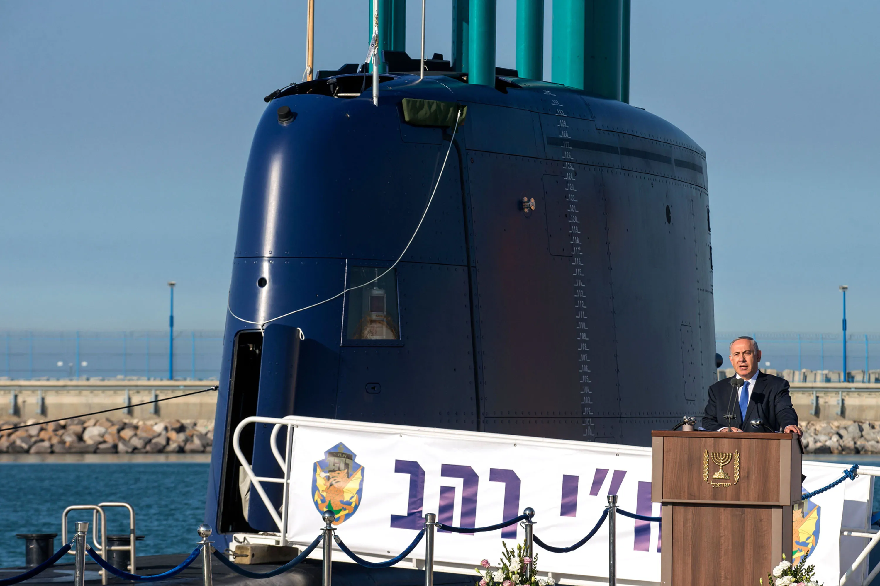 Benjamin Netanyahu delivering a speech during a ceremony for the arrival of the German-made INS Rahav, the fifth Israeli Navy submarine, at the Israeli military port of Haifa.&nbsp;