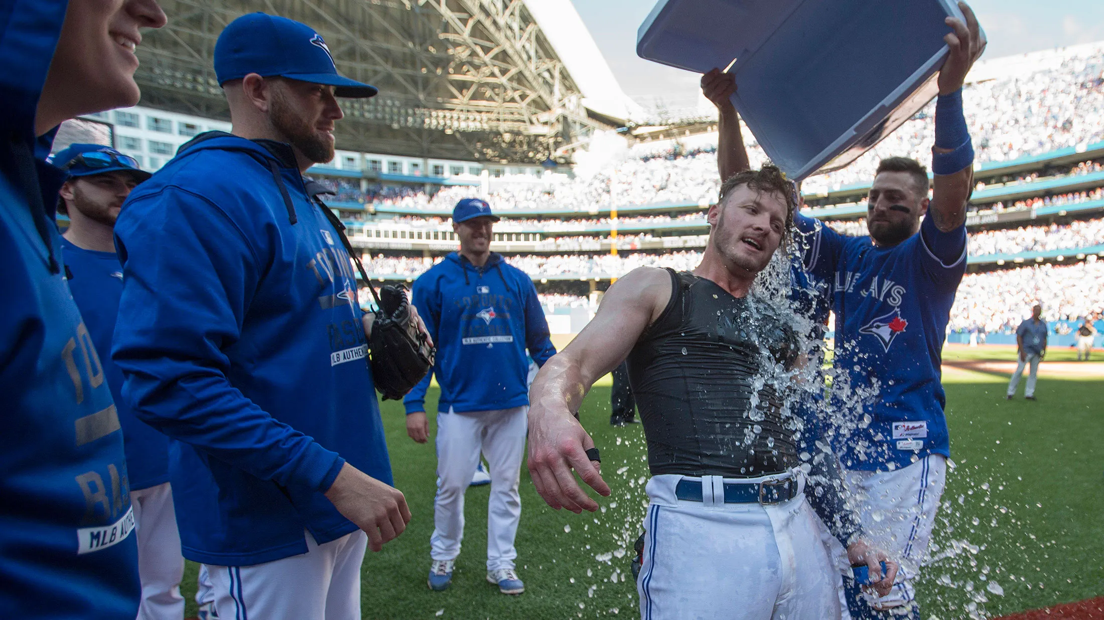 Josh Donaldson gets a cooler of ice dumped on him after hitting a walk off homer to win at Rogers Centre on Sept. 27.
