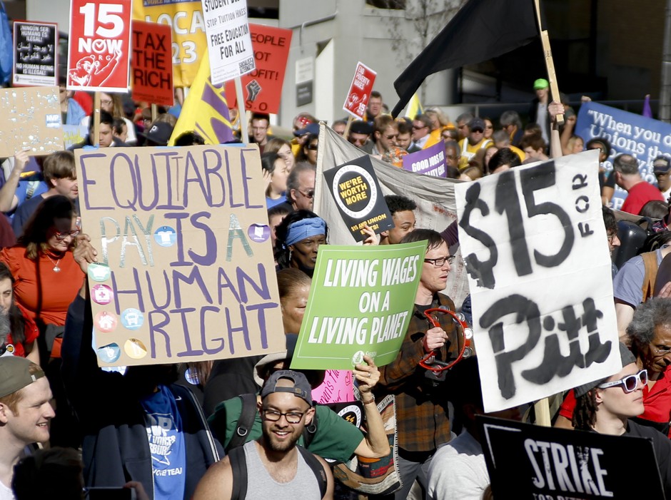 Activists in Pittsburgh march for a $15 minimum wage in April 2016.