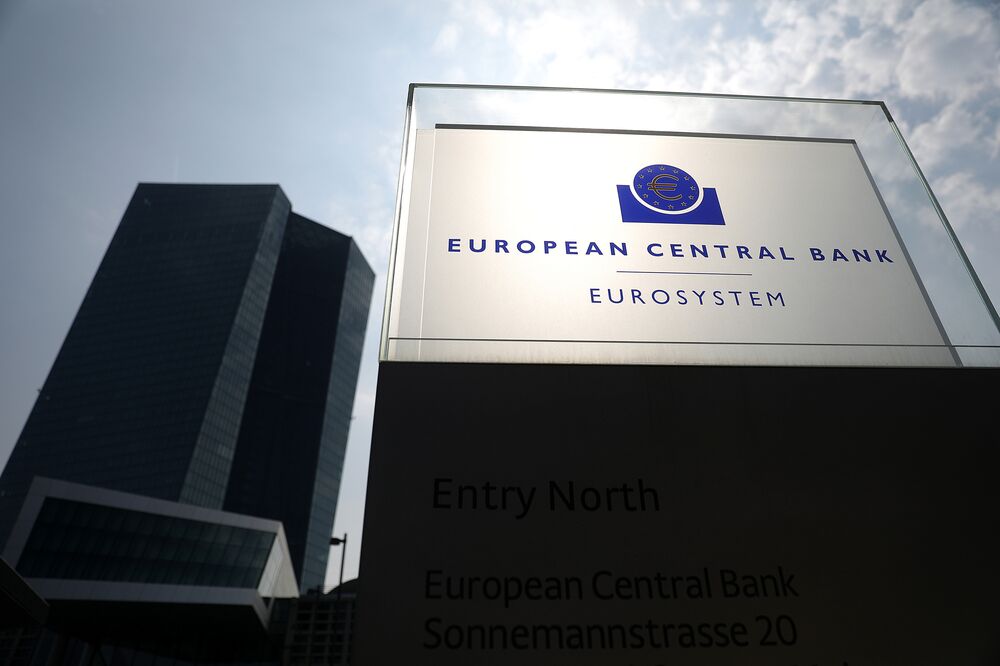 A Eurosystem monetary authority sign stands outside the European Central Bank (ECB) headquarters in Frankfurt, Germany, on Wednesday, April 10, 2019.